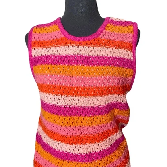Free Assembly Striped Pink & Orange Sleeveless Crochet Mini Dress Women’s Medium - Picture 4 of 10